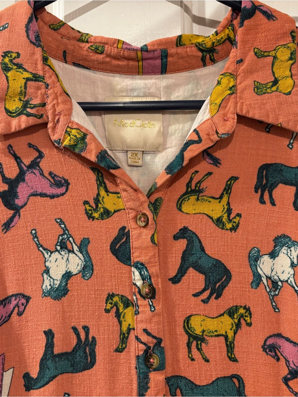 Coral Sleeveless Button-Front Dress with Horse Print - Picture 3 of 7